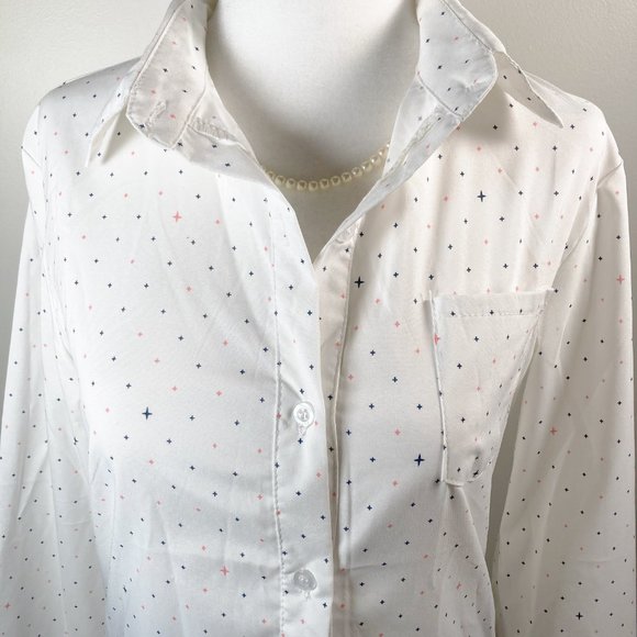 Star or cross print button-down shirt ~ Celestrial white pink blue MEDIUM blouse - Picture 3 of 15